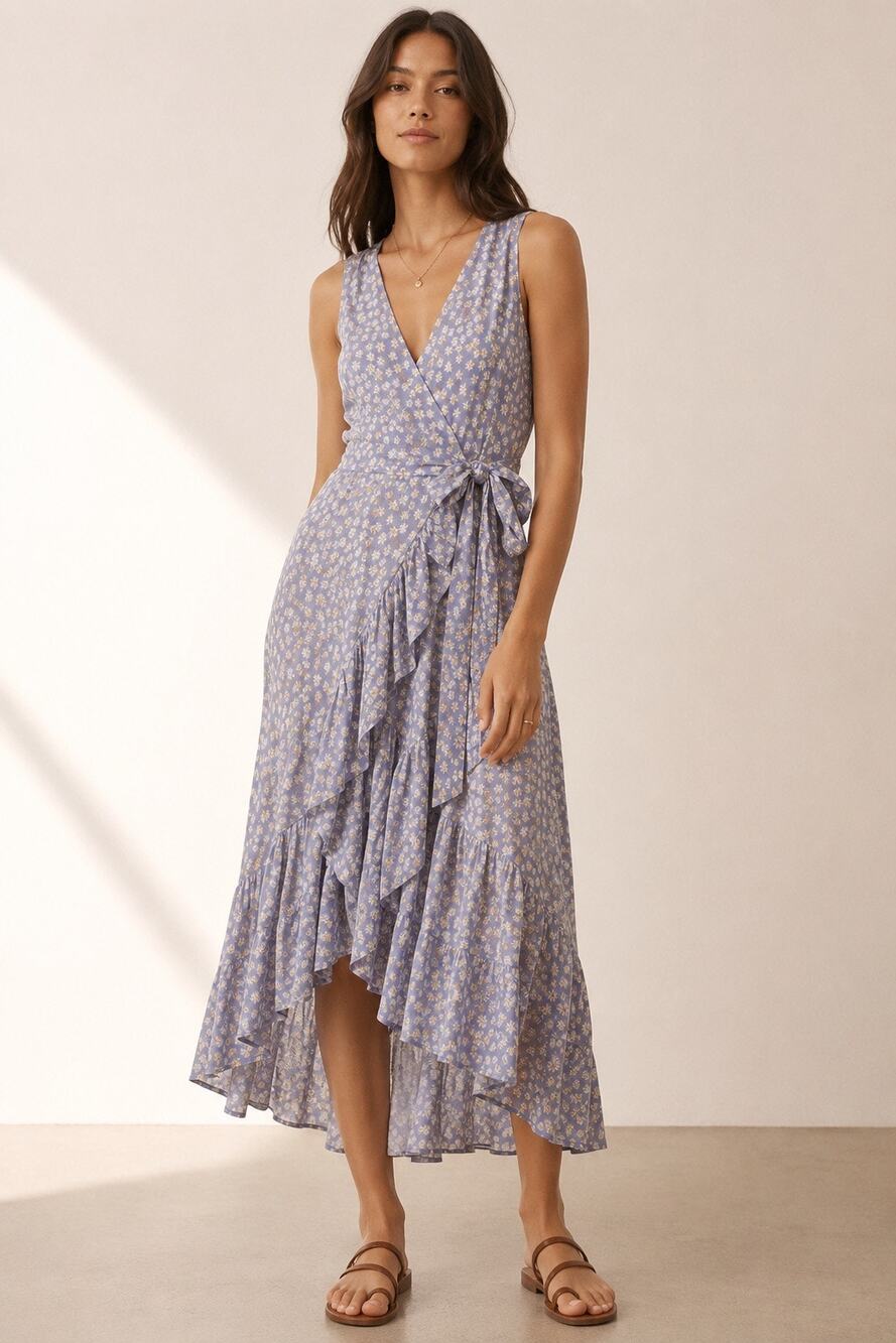 Madewell Chambray Floral Daisy Jordan Cascading Ruffle Wrap Midi Dress Size XXS